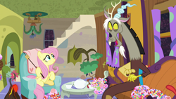 Size: 1280x720 | Tagged: safe, screencap, character:discord, character:fluttershy, species:pony, episode:discordant harmony, g4, my little pony: friendship is magic, candy, couch, food, teapot, volcano