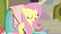 Size: 1280x720 | Tagged: safe, screencap, character:fluttershy, species:pony, episode:discordant harmony, g4, my little pony: friendship is magic, eyes closed, food, marshmallow, solo