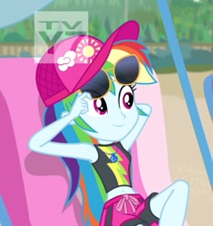 Size: 533x566 | Tagged: safe, screencap, character:rainbow dash, episode:lost and found, g4, my little pony:equestria girls, belly button, bikini, bikini top, cap, clothing, cropped, cute, dashabetes, hat, midriff, sunglasses, swimming trunks, swimsuit