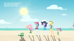 Size: 1280x720 | Tagged: safe, screencap, character:applejack, character:fluttershy, character:rainbow dash, character:rarity, character:tank, my little pony:equestria girls, aww... baby turtles, clothing, feet, flip-flops, food, ice cream, lily pad (equestria girls), midriff, one-piece swimsuit, rock horse, sandals, swimsuit, tortoise, young