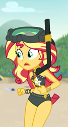Size: 581x1079 | Tagged: safe, screencap, character:sunset shimmer, episode:unsolved selfie mysteries, g4, my little pony:equestria girls, adorasexy, belly button, bikini, clothing, cropped, curvy, cute, diving goggles, female, midriff, sexy, shimmerbetes, snorkel, solo, swimsuit