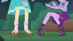 Size: 2208x1242 | Tagged: safe, screencap, character:fluttershy, character:twilight sparkle, character:twilight sparkle (scitwi), species:eqg human, episode:stressed in show, g4, my little pony:equestria girls, boots, bow tie, butterfly, clothing, legs, log, mud, muddy, pictures of legs, shoes, skirt, stressed in show: fluttershy