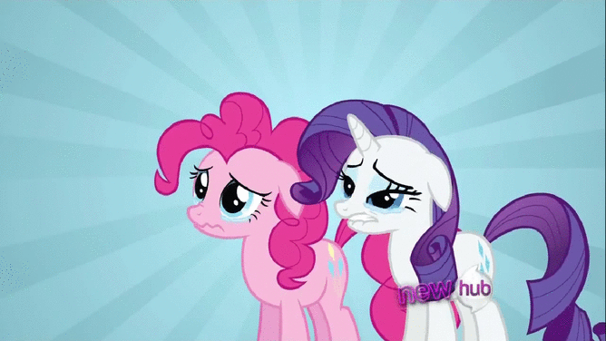 Size: 668x376 | Tagged: safe, screencap, character:pinkie pie, character:rarity, species:earth pony, species:pony, species:unicorn, episode:putting your hoof down, g4, my little pony: friendship is magic, abstract background, all new, animated, crying, duo, duo female, female, floppy ears, gif, hub logo, mare, sad, sunburst background, text