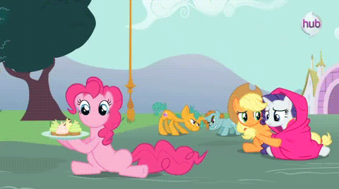 Size: 480x268 | Tagged: safe, screencap, character:applejack, character:pinkie pie, character:rainbow dash, character:rarity, character:snails, character:snips, character:spike, character:twilight sparkle, species:pony, episode:magic duel, g4, my little pony: friendship is magic, animated, ball, bouncing, colt, conjoined by horn, crying, cupcake, female, flying, giant wing, hub logo, magic, male, mane seven, mare, morph ball, no mouth, no nose, ocular gushers