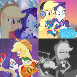 Size: 2048x2048 | Tagged: safe, screencap, character:applejack, character:rarity, episode:lost and found, episode:rarity investigates: the case of the bedazzled boot, equestria girls:legend of everfree, equestria girls:rainbow rocks, g4, my little pony:equestria girls, applejack is not amused, bass guitar, belly button, catching, clothing, comparison, continuity, cropped, cute, drama queen, duo, geode of shielding, geode of super strength, grayscale, hat, headphones, jackabetes, magnet, marshmelodrama, midriff, monochrome, musical instrument, out of context, ponied up, raribetes, rarity investigates (eqg): applejack, swimsuit, unamused