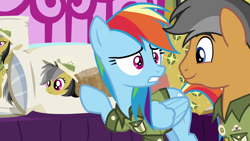 Size: 1280x720 | Tagged: safe, screencap, character:daring do, character:quibble pants, character:rainbow dash, species:pegasus, species:pony, episode:stranger than fanfiction, body pillow, daring daki, discovery family logo, female, male, mare, stallion, you know for kids