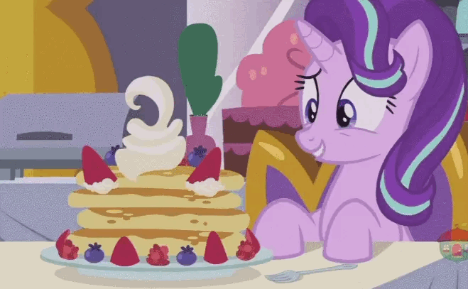 Size: 659x407 | Tagged: safe, screencap, character:starlight glimmer, episode:a royal problem, g4, my little pony: friendship is magic, animated, blueberry, breakfast, eye shimmer, food, pancakes, solo, strawberry, whipped cream