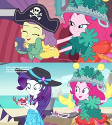 Size: 2048x2284 | Tagged: safe, screencap, character:pinkie pie, character:rarity, species:crab, episode:pinkie sitting, episode:too hot to handle, g4, my little pony:equestria girls, and then there's rarity, clothing, costume, cute, dress up, geode of shielding, hat, implied rarity fighting a giant crab, lily pad (equestria girls), midriff, swimsuit, tickling, young