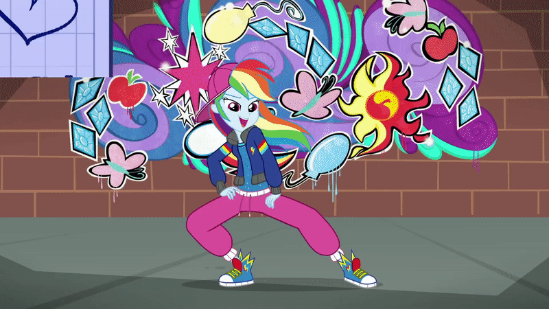 Size: 800x450 | Tagged: safe, screencap, character:rainbow dash, episode:get the show on the road, eqg summertime shorts, g4, my little pony:equestria girls, animated, backbend, backwards ballcap, baseball cap, breakdancing, cap, clothing, converse, cute, dancing, dashabetes, female, flexible, gif, hat, rainbow dash always dresses in style, rapper, rapper dash, sexy, shoes, sneakers, solo
