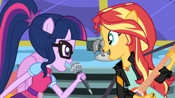 Size: 1920x1080 | Tagged: safe, screencap, character:sunset shimmer, character:twilight sparkle, character:twilight sparkle (scitwi), species:eqg human, episode:get the show on the road, eqg summertime shorts, g4, my little pony:equestria girls, bow tie, duo, electric guitar, flying v, geode of empathy, geode of telekinesis, glasses, guitar, looking at each other, magical geodes, microphone, ponied up, ponytail, rebecca shoichet, scitwilicorn, singing, sunset shredder, voice actor joke, wings, youtube link