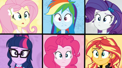 Size: 1920x1080 | Tagged: safe, screencap, character:fluttershy, character:pinkie pie, character:rainbow dash, character:rarity, character:sunset shimmer, character:twilight sparkle, character:twilight sparkle (scitwi), species:eqg human, episode:get the show on the road, eqg summertime shorts, g4, my little pony:equestria girls, clothing, confused, geode of fauna, glasses, puzzled, surprised