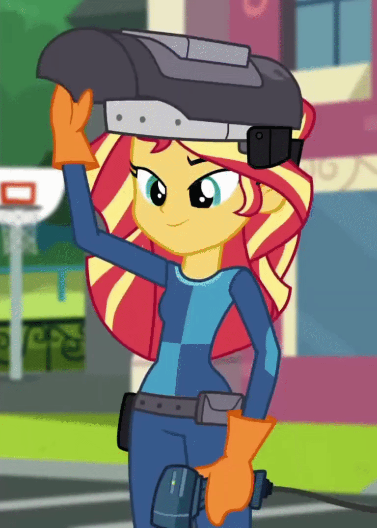 Size: 768x1074 | Tagged: safe, screencap, character:sunset shimmer, episode:get the show on the road, eqg summertime shorts, g4, my little pony:equestria girls, animated, clothing, female, gif, gloves, sunset welder, welding, welding mask