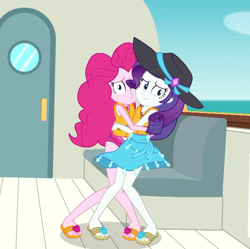 Size: 1060x1056 | Tagged: safe, screencap, character:pinkie pie, character:rarity, episode:the salty sails, g4, my little pony:equestria girls, clothing, cropped, duo, feet, flip-flops, legs, not what it looks like, sandals, swimsuit