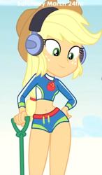 Size: 392x670 | Tagged: safe, screencap, character:applejack, episode:lost and found, g4, my little pony:equestria girls, belly button, clothing, cocked hip, curvy, hand on hip, hips, legs, midriff, shovel, swimsuit