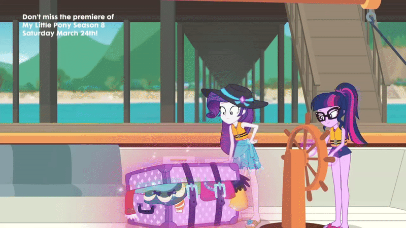 Size: 800x450 | Tagged: safe, screencap, character:rarity, character:twilight sparkle, character:twilight sparkle (scitwi), species:eqg human, episode:the salty sails, g4, my little pony:equestria girls, animated, clothing, feet, flip-flops, geode of telekinesis, glasses, hat, lifejacket, ponytail, reversed, sandals, sarong, sun hat, swimsuit
