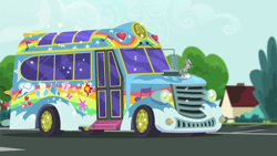 Size: 1920x1080 | Tagged: safe, screencap, episode:get the show on the road, eqg summertime shorts, g4, my little pony:equestria girls, balloon, bus, cutie mark, heart, music notes, rainbow, sun, the rainbooms tour bus, tree
