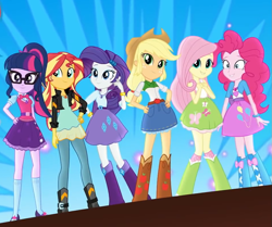 Size: 953x797 | Tagged: safe, screencap, character:applejack, character:fluttershy, character:pinkie pie, character:rainbow dash, character:rarity, character:sunset shimmer, character:twilight sparkle, character:twilight sparkle (scitwi), species:eqg human, episode:get the show on the road, eqg summertime shorts, g4, my little pony:equestria girls, boots, clothing, cowboy boots, cowboy hat, denim skirt, geode of empathy, geode of shielding, geode of sugar bombs, geode of telekinesis, glasses, hand on hip, hat, magical geodes, mane six, mary janes, pants, ponytail, shoes, skirt, socks, stetson