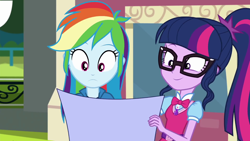Size: 1920x1080 | Tagged: safe, screencap, character:rainbow dash, character:twilight sparkle, character:twilight sparkle (scitwi), species:eqg human, episode:get the show on the road, eqg summertime shorts, g4, my little pony:equestria girls, ponytail