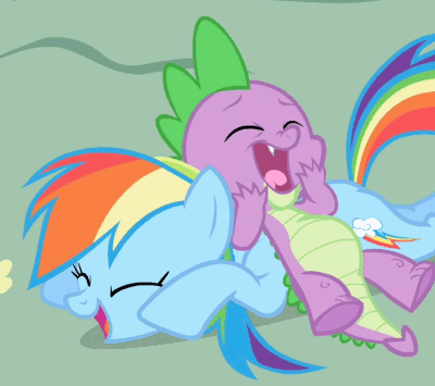 Size: 400x355 | Tagged: safe, screencap, character:rainbow dash, character:spike, species:dragon, species:pegasus, species:pony, episode:friendship is magic, g4, my little pony: friendship is magic, animated, duo, eyes closed, female, gif, laughing, male, mare