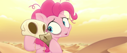 Size: 1920x804 | Tagged: safe, screencap, character:pinkie pie, species:earth pony, species:pony, my little pony: the movie (2017), bags under eyes, bone, bone dry desert, dead, desert, desert sun madness, exhausted, female, mare, messy mane, sand, skeleton, skull, sweat, tired