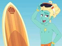 Size: 796x586 | Tagged: safe, screencap, character:zephyr breeze, episode:blue crushed (a.k.a baewatch), g4, my little pony:equestria girls, clothing, gladys, nipples, partial nudity, stupid sexy zephyr breeze, sunglasses, surfboard, topless, zephyr's necklace