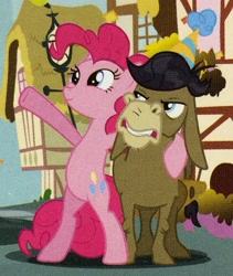 Size: 2315x2738 | Tagged: safe, screencap, character:cranky doodle donkey, character:pinkie pie, species:donkey, species:earth pony, species:pony, episode:a friend in deed, g4, my little pony: friendship is magic, bipedal, clothing, duo, hat, party hat