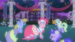 Size: 1280x720 | Tagged: safe, screencap, character:amethyst star, character:drizzle, character:parasol, character:pinkie pie, character:sparkler, character:spring forward, species:earth pony, species:pony, species:unicorn, episode:the best night ever, g4, my little pony: friendship is magic, clothing, dress, eyes closed, female, flower, flower in hair, gala dress, mare