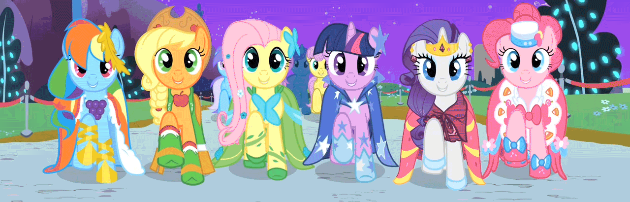 Size: 1280x410 | Tagged: safe, screencap, character:applejack, character:diamond mint, character:fluttershy, character:parasol, character:pinkie pie, character:rainbow dash, character:rarity, character:twilight sparkle, species:earth pony, species:pegasus, species:pony, species:unicorn, episode:the best night ever, g4, my little pony: friendship is magic, animated, clothing, dress, female, gala dress, gif, mane six, march, marching, mare, shoes, smiling, walking