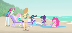 Size: 2272x1054 | Tagged: safe, screencap, character:applejack, character:fluttershy, character:pinkie pie, character:rainbow dash, character:rarity, character:spike, character:spike (dog), character:twilight sparkle, character:twilight sparkle (scitwi), species:dog, species:eqg human, equestria girls:forgotten friendship, g4, my little pony:equestria girls, ass, beach, beach towel, feet, flip-flops, humane five, humane six, legs, midriff, sandals