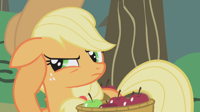 Size: 640x360 | Tagged: safe, screencap, character:applejack, species:earth pony, species:pony, episode:applebuck season, g4, my little pony: friendship is magic, animated, annoyed, apple, basket, female, floppy ears, food, gif, mare, solo