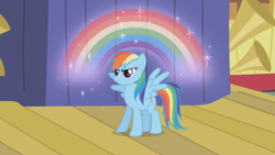 Size: 1280x720 | Tagged: safe, screencap, character:rainbow dash, species:pegasus, species:pony, episode:boast busters, g4, my little pony: friendship is magic, curtain, female, mare, musical instrument, rainbow, solo, sparkles, stage, trumpet