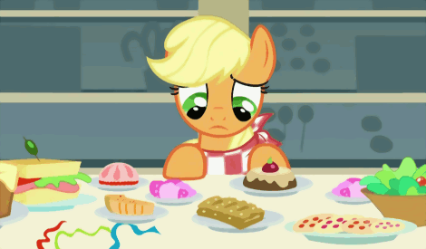 Size: 470x275 | Tagged: safe, screencap, character:applejack, species:pony, episode:a bird in the hoof, g4, my little pony: friendship is magic, animated, eating, food, hatless, hors d'oeuvre, indecision, loop, missing accessory, sandvich, silly, silly pony, solo, who's a silly pony