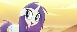 Size: 1920x804 | Tagged: safe, screencap, character:rarity, species:pony, species:unicorn, my little pony: the movie (2017), bags under eyes, bone dry desert, desert, happy, messy mane, solo, tired