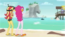 Size: 857x482 | Tagged: safe, screencap, character:pinkie pie, character:sunset shimmer, episode:unsolved selfie mysteries, g4, my little pony:equestria girls, beach, clothing, feet, flip-flops, rock horse, sandals, sea monster, swimsuit