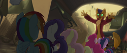 Size: 1920x804 | Tagged: safe, screencap, character:applejack, character:capper dapperpaws, character:fluttershy, character:pinkie pie, character:rainbow dash, character:rarity, character:twilight sparkle, character:twilight sparkle (alicorn), species:abyssinian, species:alicorn, species:anthro, species:earth pony, species:pegasus, species:pony, species:unicorn, my little pony: the movie (2017), anthro with ponies, butt, i'm the friend you need, klugetown, plot