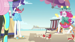 Size: 2208x1242 | Tagged: safe, screencap, character:fluttershy, character:pinkie pie, character:rarity, species:crab, episode:too hot to handle, g4, my little pony:equestria girls, clothing, costume, feet, pinkie being pinkie, sand castle, sandals, silly human, swimsuit, wetsuit