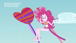 Size: 2208x1242 | Tagged: safe, screencap, character:pinkie pie, episode:too hot to handle, g4, my little pony:equestria girls, barefoot, clothing, feet, geode of sugar bombs, kite, one-piece swimsuit, snow cone, solo, swimsuit
