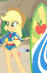 Size: 459x720 | Tagged: safe, screencap, character:applejack, episode:blue crushed (a.k.a baewatch), g4, my little pony:equestria girls, clothing, cropped, curvy, cute, geode of super strength, jackabetes, solo, surfboard, swimsuit