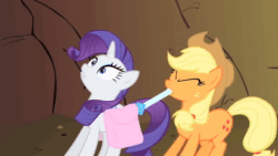 Size: 1280x720 | Tagged: safe, screencap, character:applejack, character:rarity, species:pony, episode:over a barrel, g4, my little pony: friendship is magic, season 1, animated, animation error, not what it looks like, out of context, puffy cheeks, saddle bag, sound, talking, webm, wide eyes