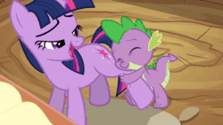Size: 1920x1080 | Tagged: safe, screencap, character:spike, character:twilight sparkle, species:dragon, species:pony, species:unicorn, episode:spike at your service, g4, my little pony: friendship is magic, animated, awww, cute, cutie mark, female, golden oaks library, hug, laughing, leg hug, male, mare, sound, spikabetes, webm