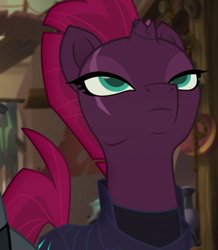 Size: 699x803 | Tagged: safe, screencap, character:tempest shadow, species:pony, species:unicorn, my little pony: the movie (2017), armor, beautiful, broken horn, cracked horn, cropped, eye scar, female, klugetown, lidded eyes, looking up, mare, mohawk, scar, solo