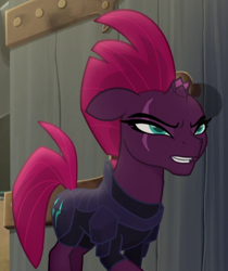Size: 568x676 | Tagged: safe, screencap, character:tempest shadow, species:pony, my little pony: the movie (2017), armor, broken horn, cracked horn, cropped, eye scar, female, floppy ears, gritted teeth, horn, mare, mocking, mohawk, narrowed eyes, scar, solo, squint