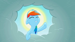 Size: 1280x720 | Tagged: safe, screencap, character:rainbow dash, species:pegasus, species:pony, episode:the ticket master, g4, my little pony: friendship is magic, cloud, eyes closed, female, floppy ears, halo, mare, raised hoof, smiling, solo, sun