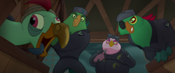 Size: 1920x804 | Tagged: safe, screencap, character:boyle, character:lix spittle, character:mullet, character:murdock, species:anthro, my little pony: the movie (2017), clothing, derp, eyepatch, fork, hat, parrot pirates, pirate, prosthetic beak, tongue out
