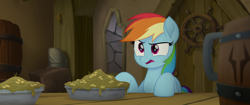 Size: 1920x804 | Tagged: safe, screencap, character:rainbow dash, species:pegasus, species:pony, my little pony: the movie (2017), bird seed, confused, disgusted, food, gruel, mug, pudding, seeds, solo