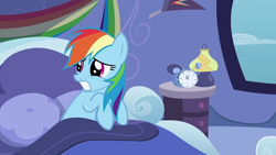 Size: 1920x1080 | Tagged: safe, screencap, character:rainbow dash, species:pegasus, species:pony, bed, bedsheets, clock, cute, dashabetes, female, lamp, mare, pillow, saved by my friends, scared, scaredy dash, shy, shy dashie, solo