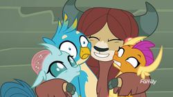 Size: 1920x1080 | Tagged: safe, screencap, character:gallus, character:ocellus, character:smolder, character:yona, species:changeling, species:dragon, species:griffon, species:reformed changeling, species:yak, episode:school daze, g4, my little pony: friendship is magic, cloven hooves, cute, diaocelles, discovery family logo, dragoness, eyes closed, female, frown, gallabetes, grin, group hug, hug, male, smiling, smolderbetes, squishy cheeks, wide eyes, yonadorable