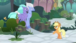 Size: 1920x1080 | Tagged: safe, screencap, character:applejack, character:seaspray, character:sky beak, species:classical hippogriff, species:earth pony, species:hippogriff, species:pony, episode:school daze, g4, my little pony: friendship is magic, cute, discovery family logo, female, frown, glare, hippogriffia, jackabetes, jewelry, lidded eyes, male, mare, necklace, open mouth, rearing, smiling, unamused