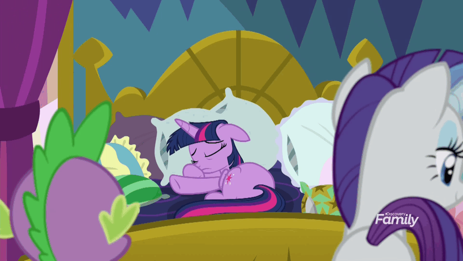 Size: 902x508 | Tagged: safe, screencap, character:rarity, character:spike, character:twilight sparkle, character:twilight sparkle (alicorn), species:alicorn, species:dragon, species:pony, species:unicorn, episode:school daze, g4, my little pony: friendship is magic, and then there's rarity, animated, bed, clothing, dress, eyes closed, female, floppy ears, force dressing, frown, instant cosplay surprise, jester dress, magic, magic aura, male, mare, messy mane, prone, ruff (clothing), wide eyes