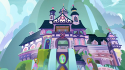 Size: 1920x1080 | Tagged: safe, screencap, episode:school daze, g4, my little pony: friendship is magic, architecture, background, building, discovery family logo, mountain, no pony, ponyville, school of friendship, waterfall